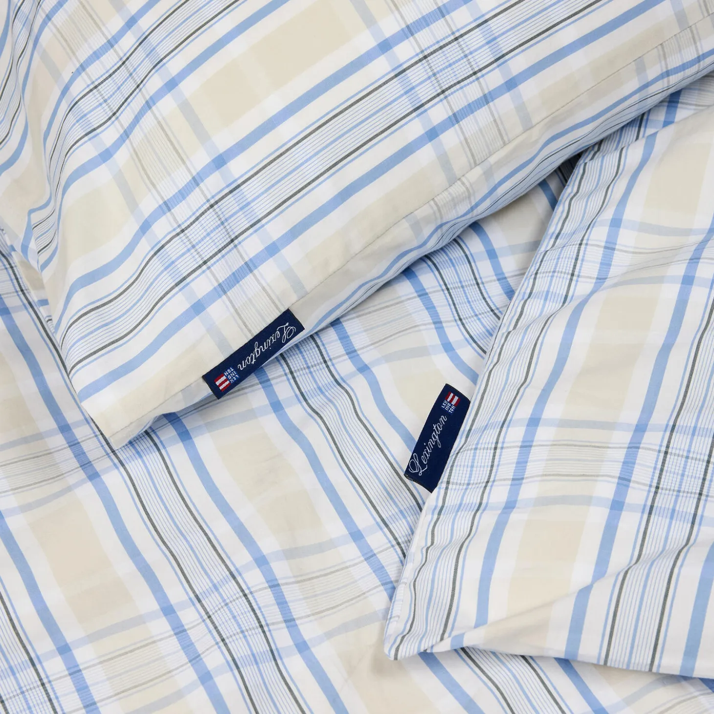 Beige/Blue Checked Cotton Poplin Bed Set, beige/white/blue